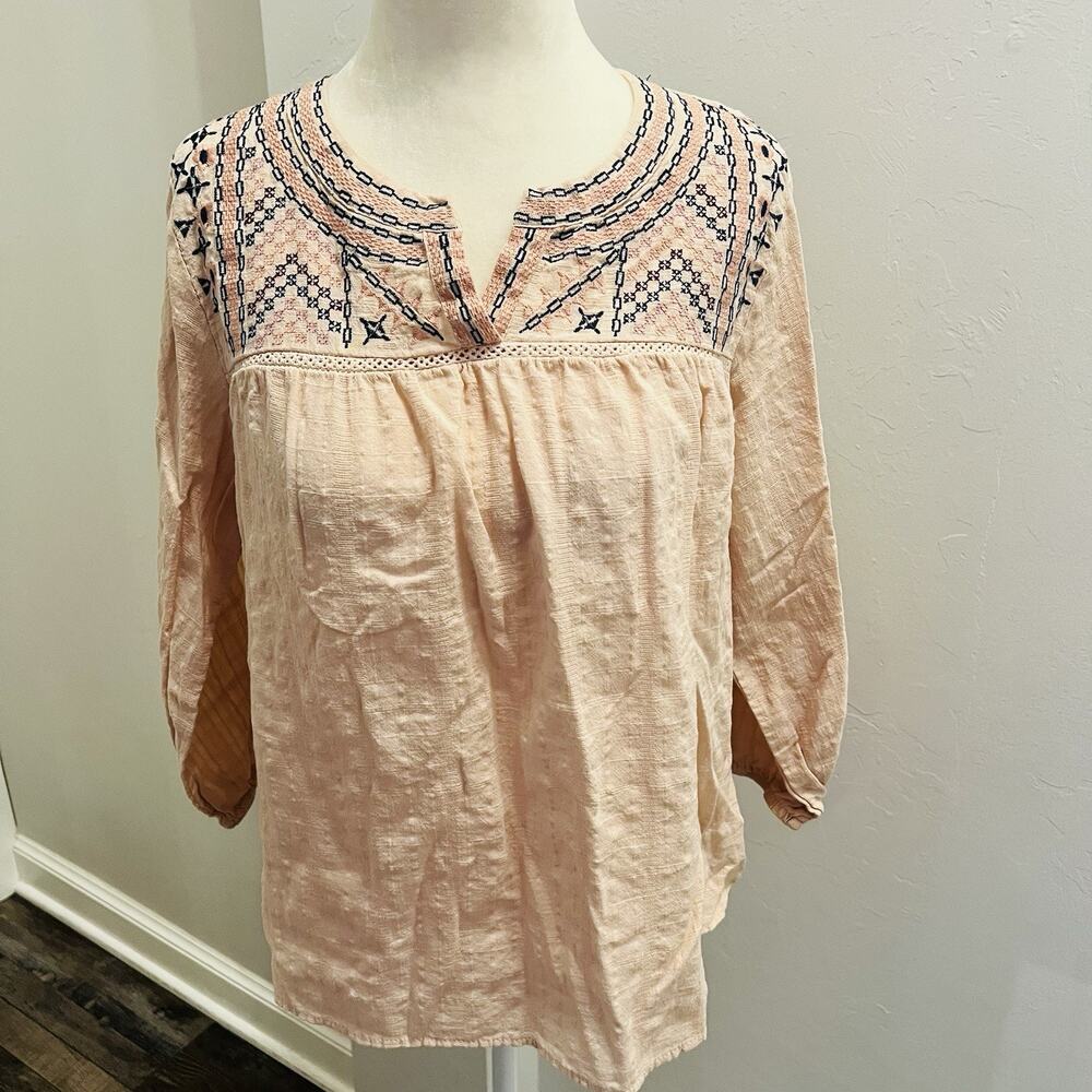 Knox Rose Women’s Small Embroidered Peasant Top Peach (A0127)